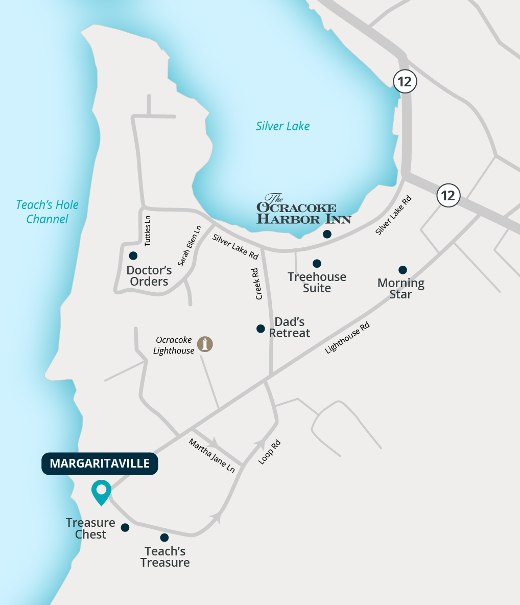 inset map of ocracoke island showing where the margaritaville cottage is located
