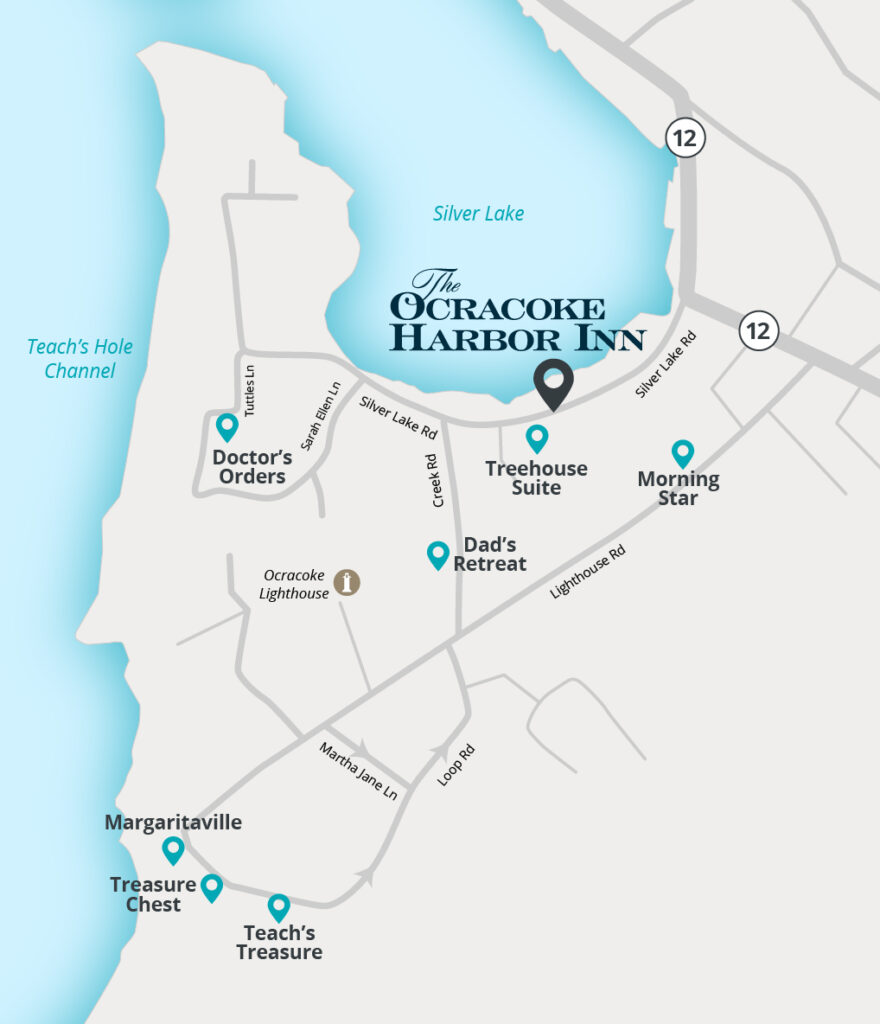 Inset map of Ocracoke Island that includes Ocracoke Harbor Inn and its cottages